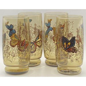 4 Vintage Anchor Hocking Smokey Butterfly Meadow Garden Tumbler Drinking Glasses